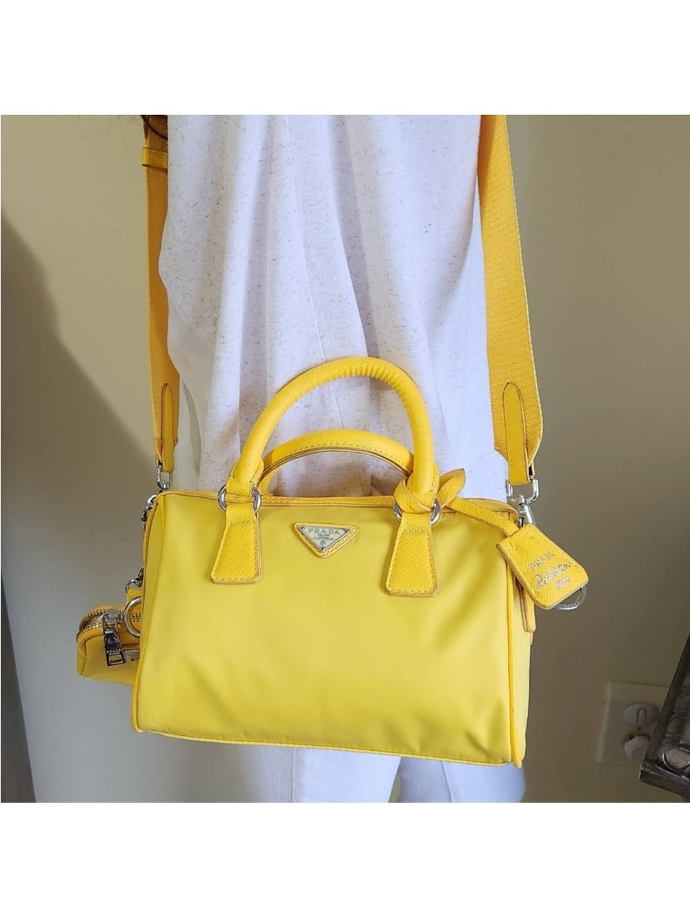 Prada Yellow Small Crossbody Nylon Handbag Bag w/ Pouch in Excellent Condition